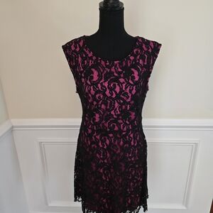 New Hazel Black Lace Dress with Fuchsia Underlay